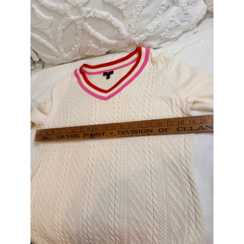 Talbots V-Neck Sweater Womens M Ivory Excellent Pink Orange Trim Cable Knit - Picture 4 of 8